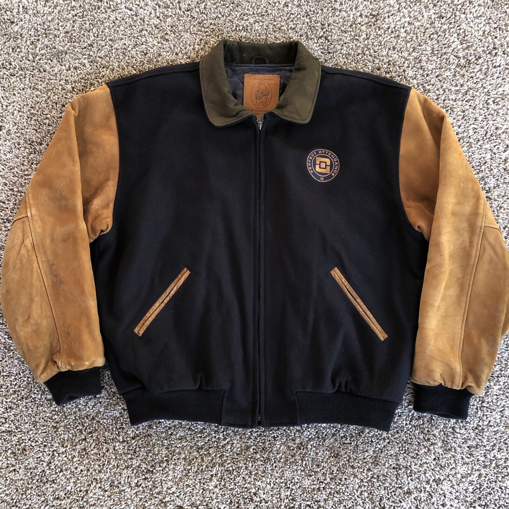 Vintage Golden Bear Varsity Jacket Mens XL Navy Brown Wool Leather Full Zip READ